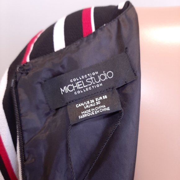 MICHEL STUDIO Chevron Striped Fit & Flare Sleeveless Dress Tie Waist Black White - Picture 10 of 16